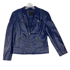 NWOT THERAPY Jacket M Blue Vegan-Leather Moto Bike Zip Pocket Long-Sleeve Lined